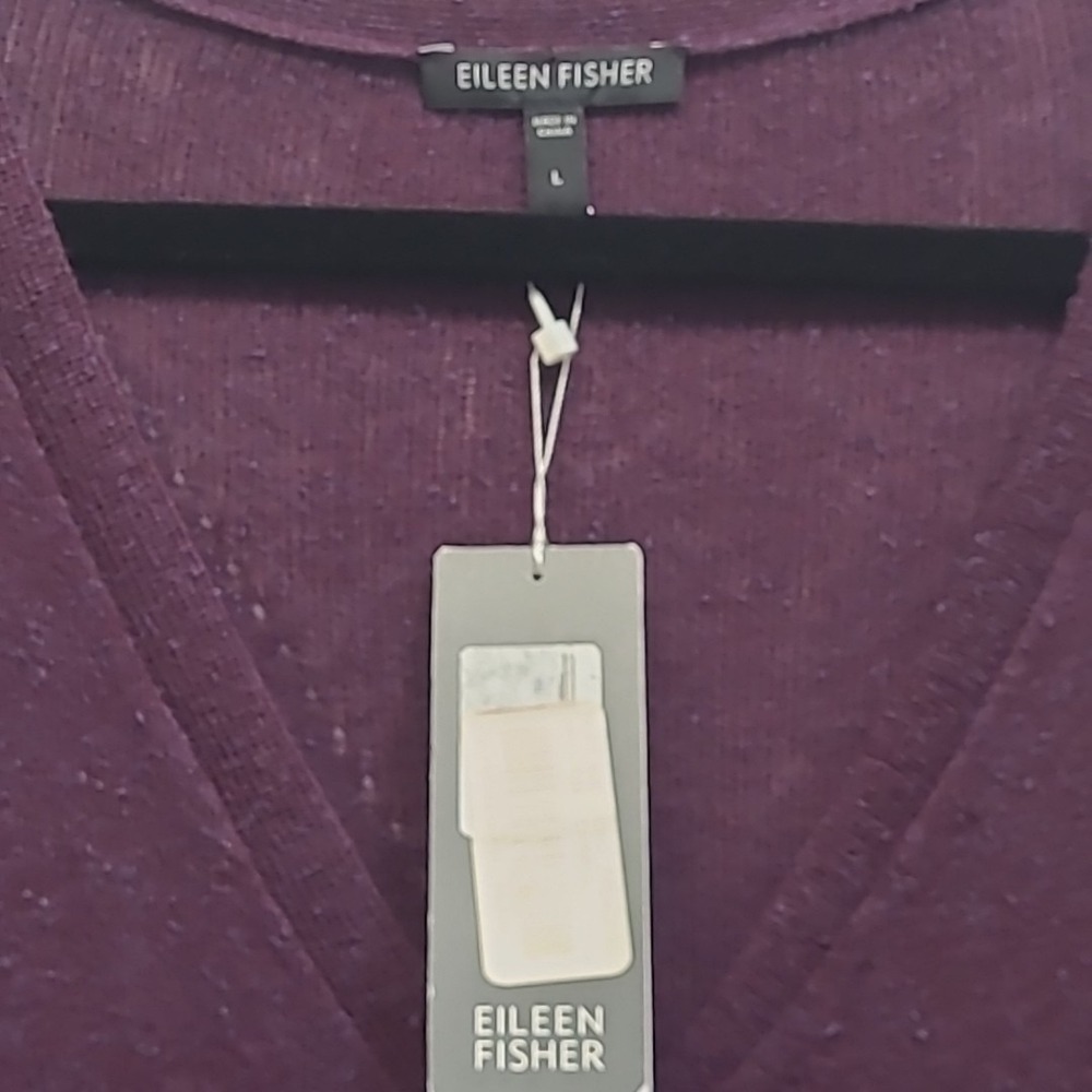 NWT Eileen Fisher LG Purple Plum Speckle Knit V Neck Cardigan Sweater Wool Silk - Picture 9 of 16
